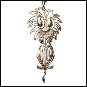 Vintage Alan Necklace Large Silver Color Lion Pendant Articulated‎ Eyes 70's